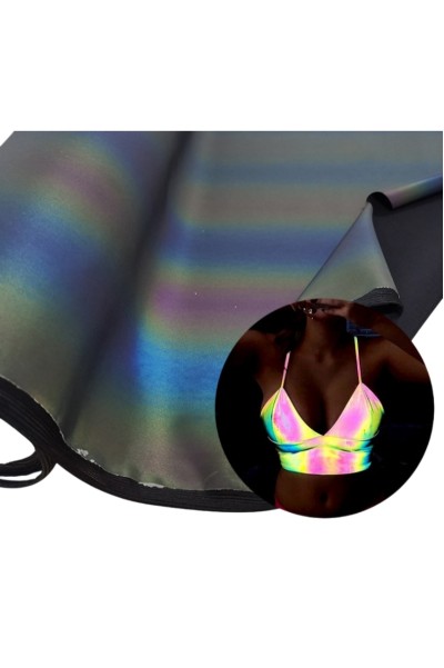 DG-CW Durable, Wrinkle-resistant, and Washable; Colorful Polyester Mesh Reflective Fabric; Black with Vibrant Color-Changing Reflective Effect; Width: 140cm; Thickness: 0.13mm; Self-adhesive: No front view